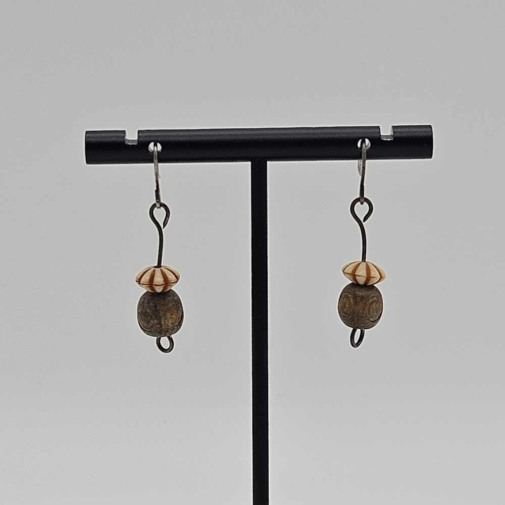 small earthy beaded drop earrings with wood bead